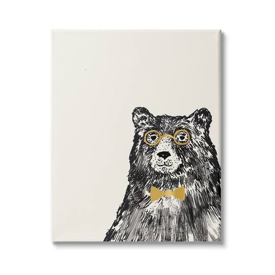 Stupell Industries Black Bear Golden Glasses Bow Tie Kids' Animal Canvas Wall Art
